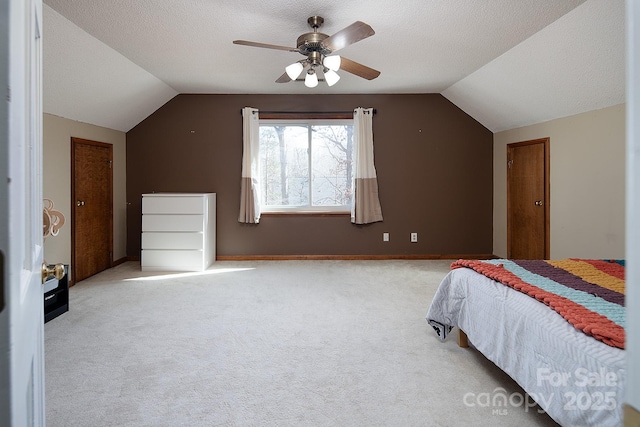 bedroom featuring lofted ceiling, baseboards, a textured ceiling, and carpet