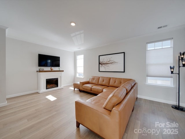 living room featuring light hardwood / wood-style flooring and crown molding