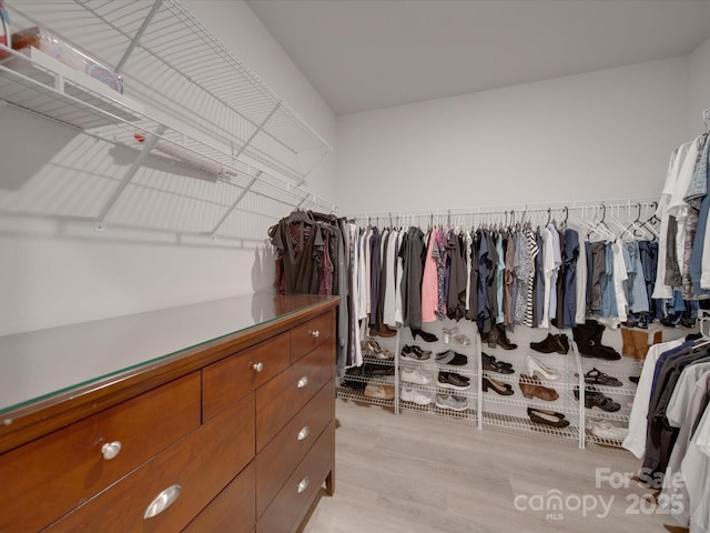 walk in closet with light hardwood / wood-style floors