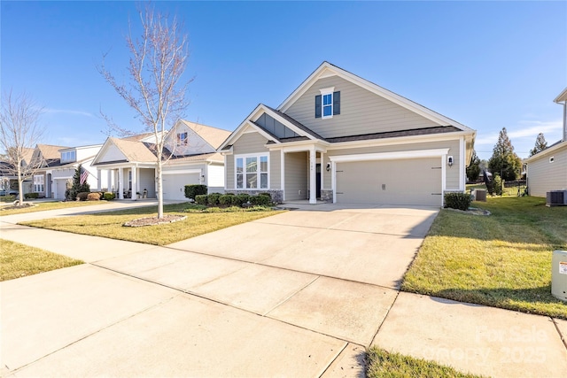 view of front of house featuring central AC unit and a front lawn