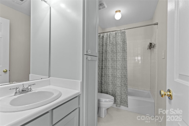 bathroom with visible vents, toilet, shower / bath combo, vanity, and tile patterned floors