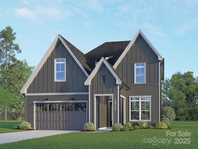 view of front of property with a garage, concrete driveway, board and batten siding, and a front yard