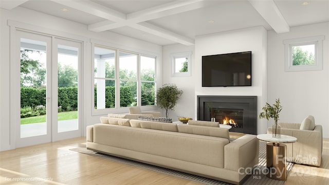 2530 Elkwood Cir, Charlotte, NC 28205 - living room with beam ceiling, plenty of natural light, a glass covered fireplace, and wood finished floors