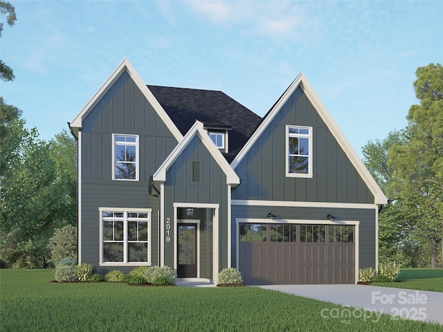 modern inspired farmhouse with driveway, a front lawn, board and batten siding, and roof with shingles