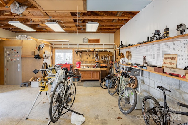 garage with a workshop area