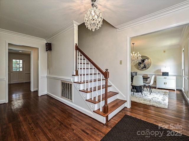 3600 Carmel Rd, Charlotte, NC 28226 - stairs featuring a chandelier, wood finished floors, ornamental molding, and baseboards