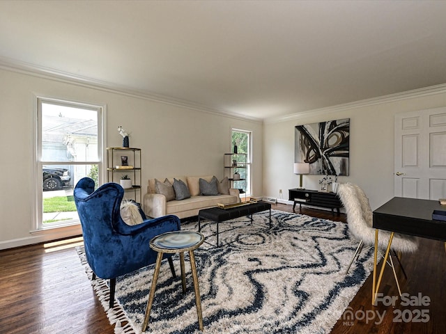 3600 Carmel Rd, Charlotte, NC 28226 - living room featuring ornamental molding, healthy amount of natural light, wood finished floors, and baseboards