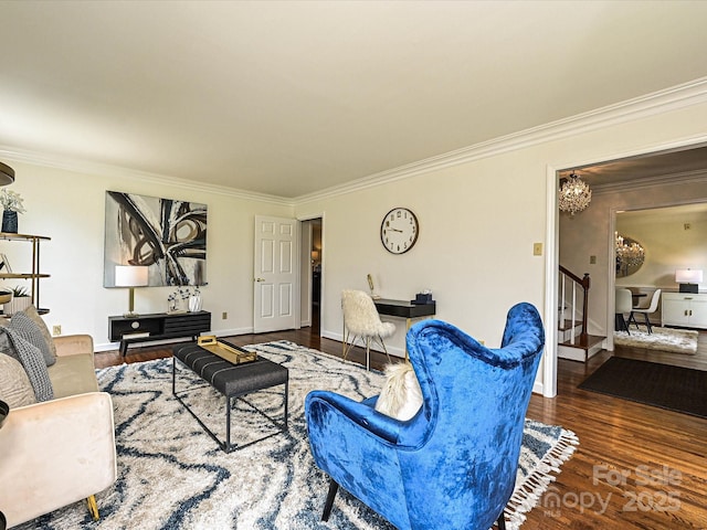 3600 Carmel Rd, Charlotte, NC 28226 - living room with stairs, crown molding, wood finished floors, baseboards, and a chandelier