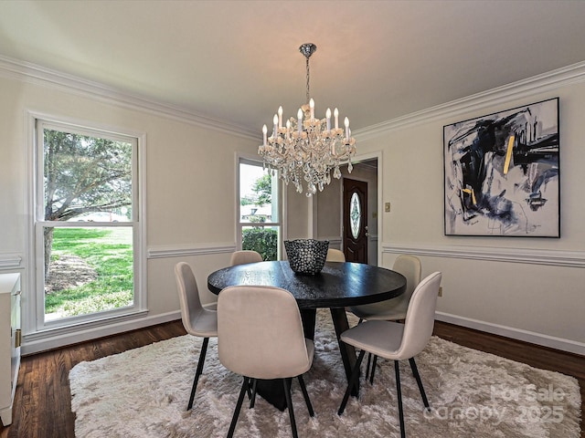 3600 Carmel Rd, Charlotte, NC 28226 - dining space with a chandelier, plenty of natural light, ornamental molding, and wood finished floors