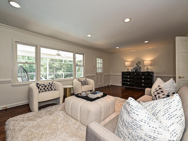 3600 Carmel Rd, Charlotte, NC 28226 - living area with wood finished floors, recessed lighting, ornamental molding, and baseboards
