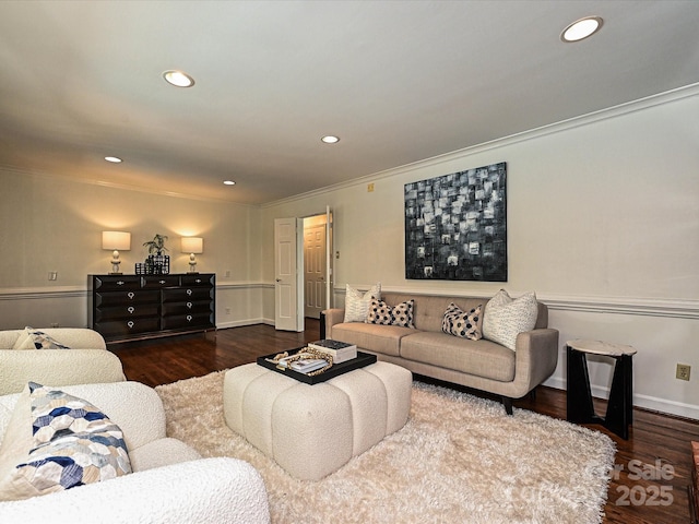 3600 Carmel Rd, Charlotte, NC 28226 - living room featuring ornamental molding, wood finished floors, and recessed lighting