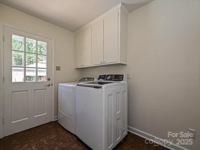 3600 Carmel Rd, Charlotte, NC 28226 - laundry area with washer and clothes dryer, cabinet space, and baseboards