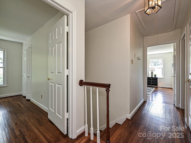 3600 Carmel Rd, Charlotte, NC 28226 - corridor with attic access, dark wood-style floors, an upstairs landing, and baseboards