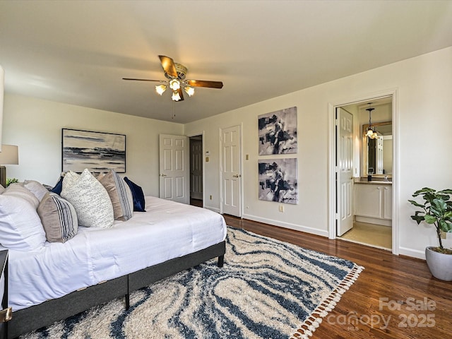 3600 Carmel Rd, Charlotte, NC 28226 - bedroom with wood finished floors, baseboards, a ceiling fan, and ensuite bathroom