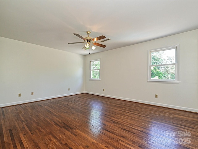 3600 Carmel Rd, Charlotte, NC 28226 - unfurnished room with dark wood finished floors, a ceiling fan, and baseboards