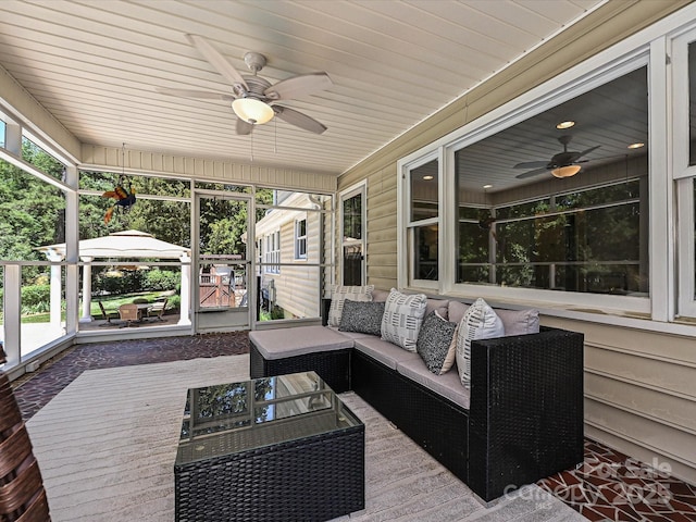 3600 Carmel Rd, Charlotte, NC 28226 - wooden terrace featuring a ceiling fan, an outdoor hangout area, and a gazebo