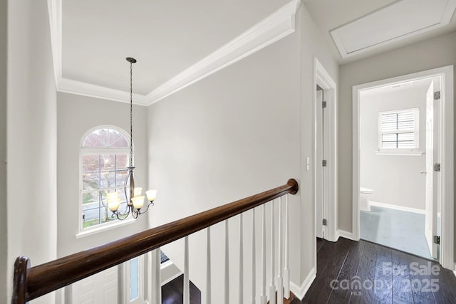 corridor with an upstairs landing, a notable chandelier, dark wood-type flooring, ornamental molding, and baseboards