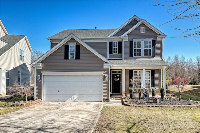 traditional-style house featuring a garage, a porch, concrete driveway, and roof with shingles