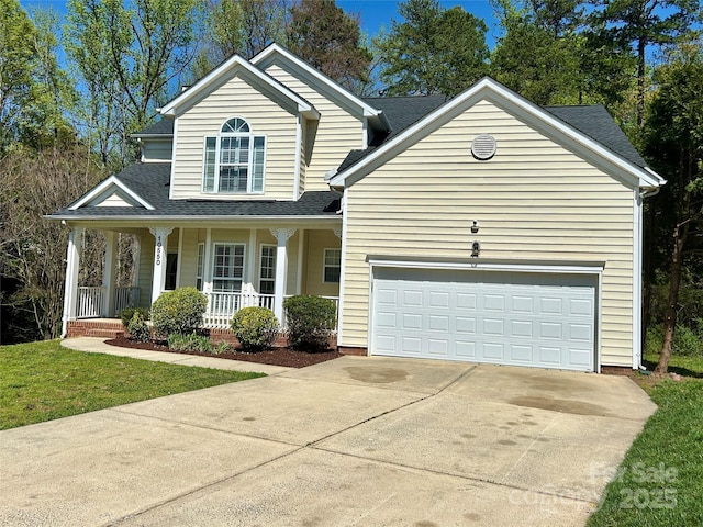 view of front facade featuring a garage, concrete driveway, a porch, and roof with shingles