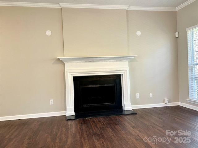 details featuring baseboards, a fireplace with raised hearth, wood finished floors, and crown molding