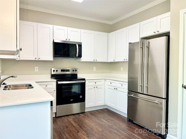 kitchen with white cabinetry, ornamental molding, dark wood-type flooring, a sink, and appliances with stainless steel finishes