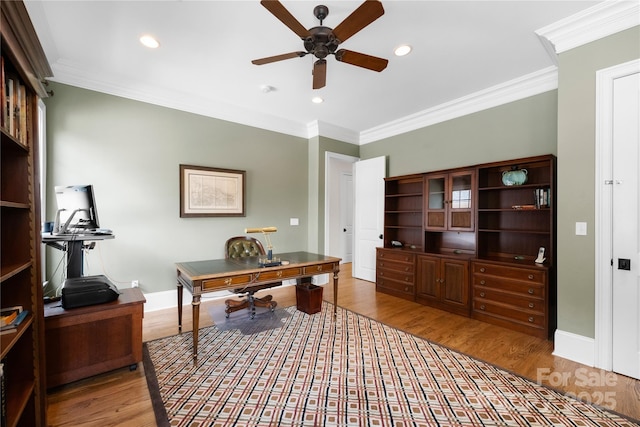 home office with baseboards, ornamental molding, wood finished floors, and recessed lighting