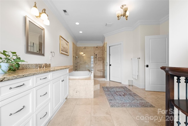 full bath with visible vents, ornamental molding, a tile shower, vanity, and a bath