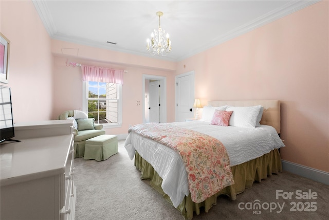 bedroom featuring light carpet, visible vents, baseboards, ornamental molding, and a chandelier