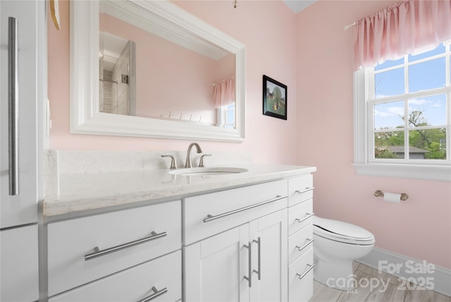 bathroom featuring toilet, vanity, and baseboards