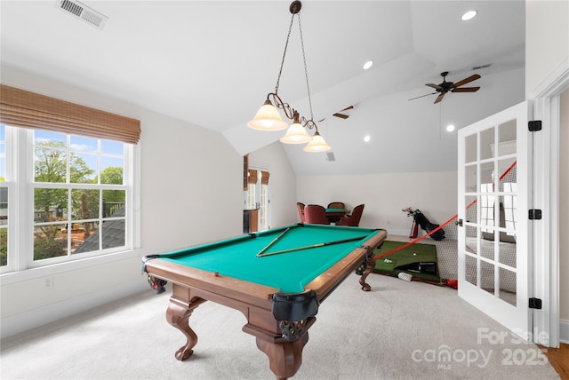 game room with carpet, lofted ceiling, recessed lighting, visible vents, and billiards