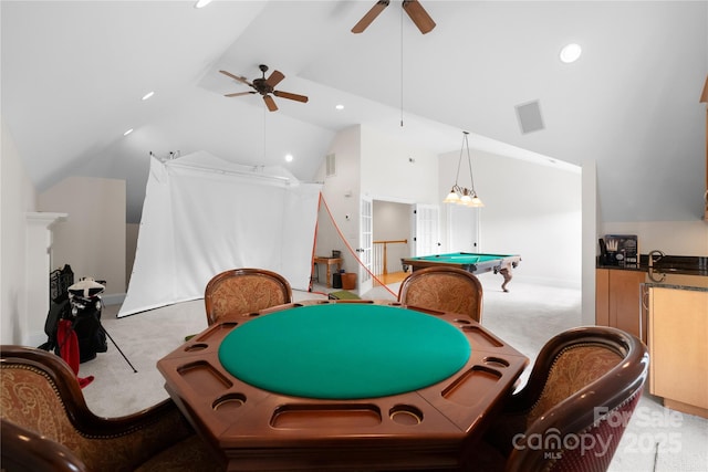 rec room with lofted ceiling, billiards, visible vents, and light colored carpet