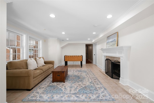 living room with light tile patterned floors, crown molding, and recessed lighting