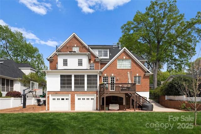 rear view of house with driveway, stairway, an attached garage, a yard, and brick siding