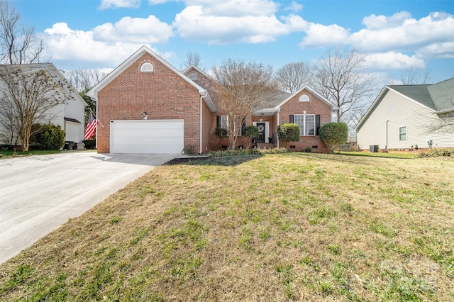 view of front of property with crawl space, a front lawn, concrete driveway, and brick siding