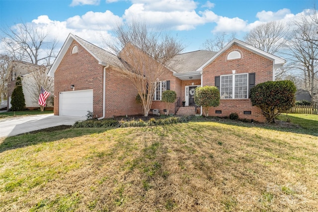 ranch-style home featuring a front yard, crawl space, brick siding, and concrete driveway