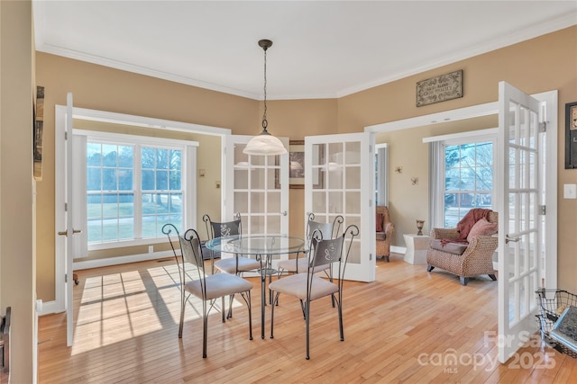 119 Era St, Troutman, NC 28166 - dining area with french doors, light wood-type flooring, ornamental molding, and baseboards