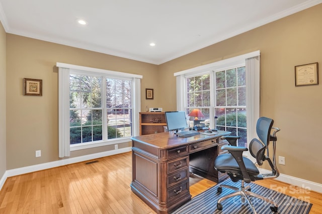 119 Era St, Troutman, NC 28166 - home office with baseboards, healthy amount of natural light, ornamental molding, light wood-style flooring, and recessed lighting