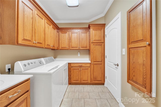 119 Era St, Troutman, NC 28166 - washroom with cabinet space, washer and clothes dryer, light tile patterned floors, and crown molding