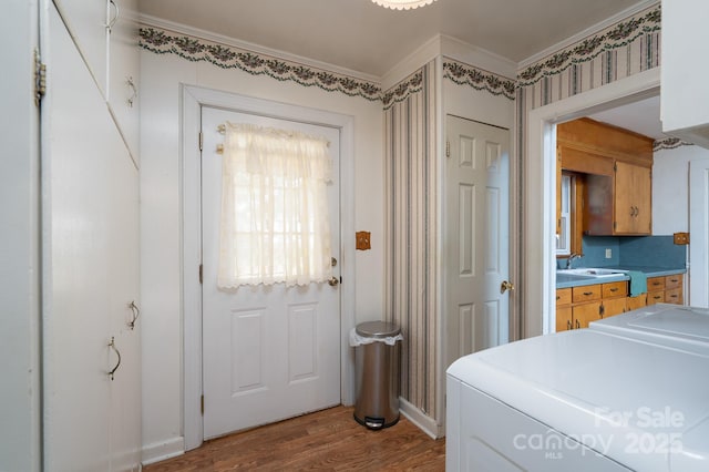 interior space with sink, ornamental molding, washer / dryer, and wood-type flooring