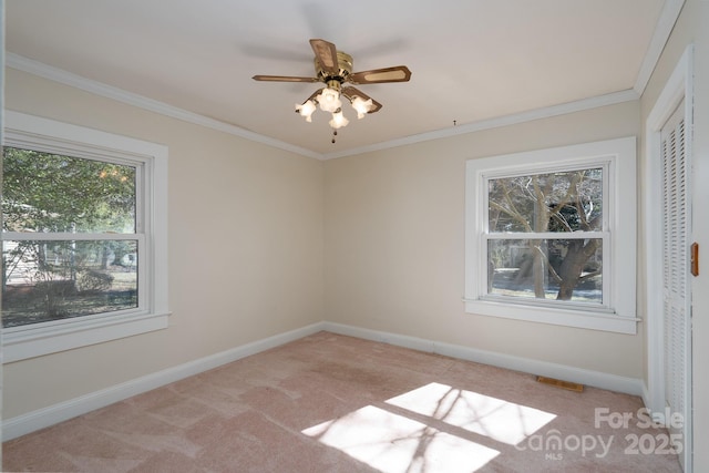 carpeted spare room featuring ceiling fan and crown molding