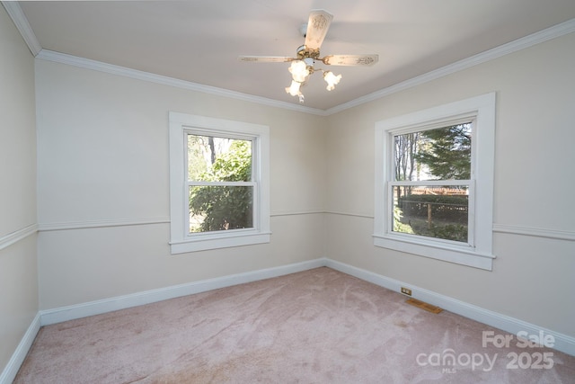 carpeted empty room featuring ceiling fan and ornamental molding