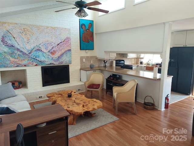 8015 Sullivan Dr Unit 3And 2, Charlotte, NC 28215 - living area with light wood-style flooring, a ceiling fan, and high vaulted ceiling