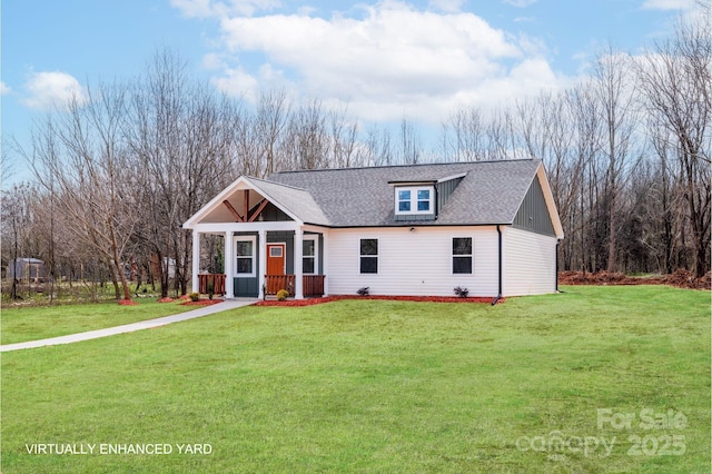 view of front of home featuring a shingled roof, a porch, and a front lawn