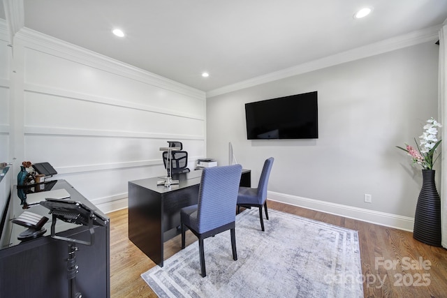 office with recessed lighting, ornamental molding, baseboards, and wood finished floors