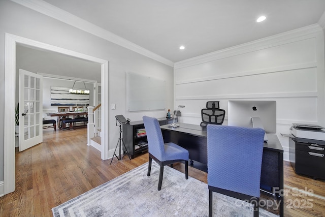 office featuring recessed lighting, french doors, wood finished floors, and ornamental molding