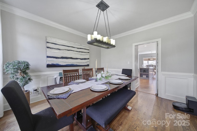 dining space featuring crown molding, a decorative wall, wood finished floors, and wainscoting