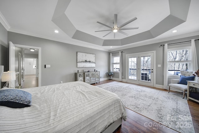 bedroom with multiple windows, a raised ceiling, wood finished floors, and access to outside