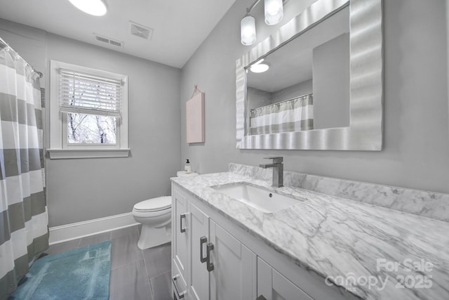 full bathroom with tile patterned flooring, visible vents, baseboards, toilet, and vanity