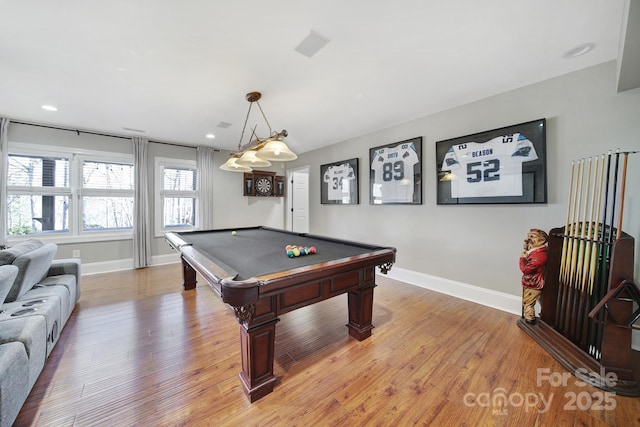 playroom with recessed lighting, pool table, baseboards, and light wood-style floors