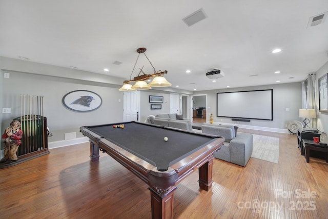 game room featuring visible vents, recessed lighting, billiards, and wood finished floors